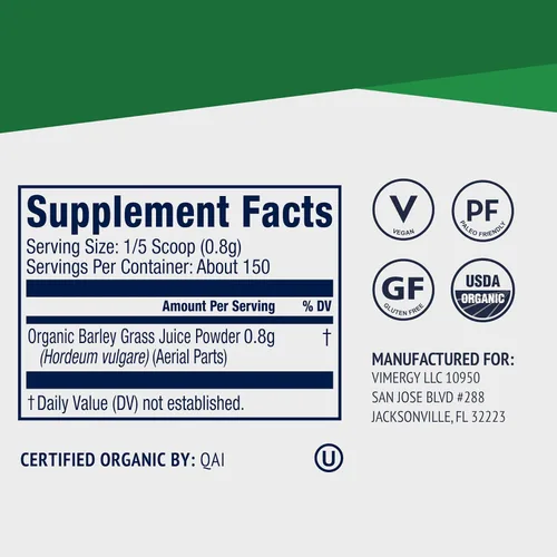 Vista 4 de Vimergy Jugo de Hierba de Cebada en Polvo Suplemento Dietético - 0.8g por Porción (150 Porciones) – Fórmula de Superalimento Limpio – Promueve