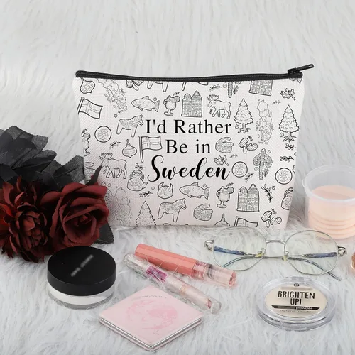 Vista 3 de PWHAOO Suecia viaje regalo de vacaciones I'd Rather Be in Sweden Bolsa de maquillaje Bolsa de maquillaje Bandera sueca Orgullo Cosméticos Suecia