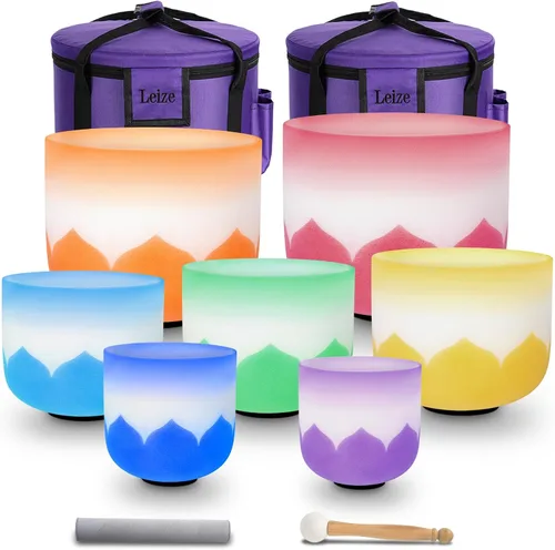 Vista 15 de Leize Chakra Tuned - Juego de 7 cuencos de cristal de cuarzo de 6 a 12 pulgadas con fundas de transporte resistentes y mazos de cuenco para cantar