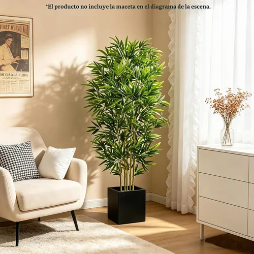 Vista 6 de Árbol artificial de bambú de 5 pies con maceta negra, plantas de bambú para exteriores e interiores, hojas falsas de aspecto natural, tallos