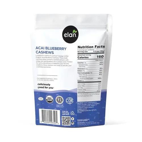 Vista 2 de Elan Anacardos Orgánicos de Acai y Arándano, 5.3 oz, Sin OGM, Veganos, Sin Gluten, Kosher, Nueces Glaseadas