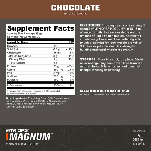 Vista 3 de MTN OPS Magnum - Proteína de chocolate en polvo, 0.81 oz de proteína aislada de suero y proteína de leche con BCAA, cero azúcar y sin gluten, 30