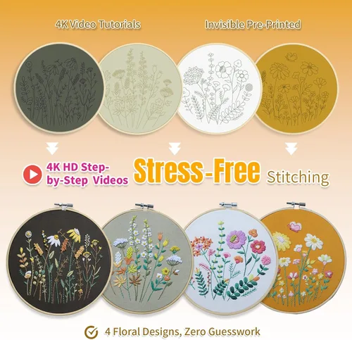 Vista 6 de ETSPIL Kit de bordado para adultos y adolescentes, paquete de 4 muestrarios florales, 2 aros ajustables, tela preimpresa, 17 hilos vibrantes, 16