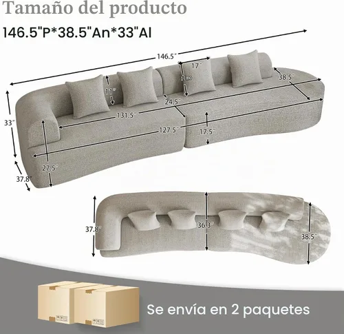 Vista 2 de Sofá seccional de gran tamaño de 147" para sala de estar, sofá moderno de lujo de chenilla suave de 4 plazas extra profundo y ancho con asiento