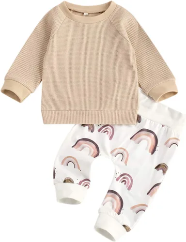 Vista 15 de Conjunto de 2 piezas para bebé, niña, niño, manga larga, arcoíris, con pantalones de leopardo, ropa de invierno y primavera