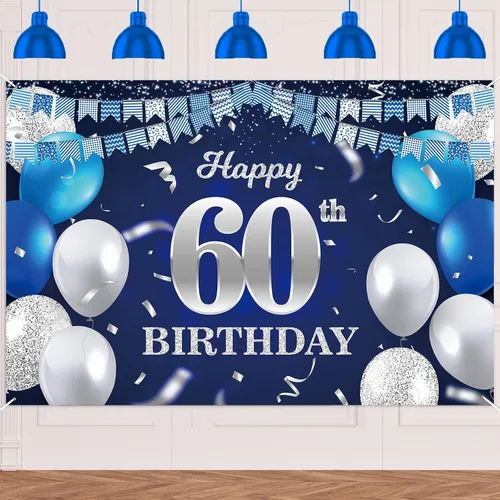 Vista 52 de Bandera de feliz primer cumpleaños con fondo azul marino, globos, confeti, bandera de rayas, luces de puntos, felicitaciones por el tema de 1 año