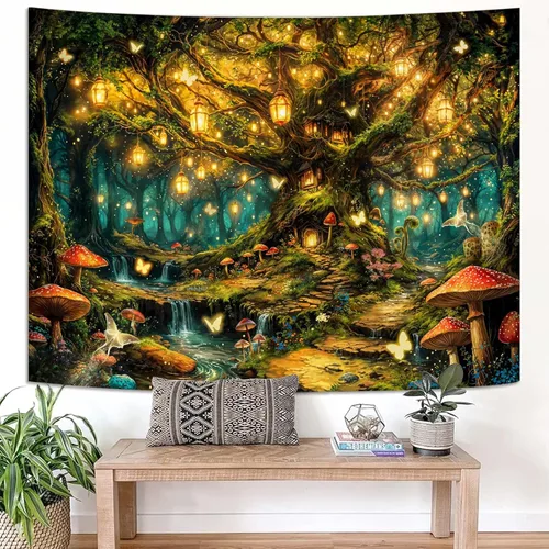 Vista 25 de Kanuyee Tapiz de bosque verde, tapiz de paisaje para pared, tapices de naturaleza para techo y pared, colgante para dormitorio, sala de estar