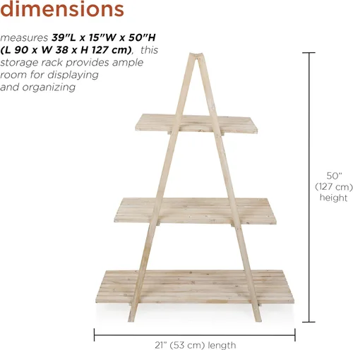 Vista 3 de Alpine Corporation MBB168 Estante de almacenamiento triangular de madera moderno de 3 niveles, 50 pulgadas de alto, acabado natural