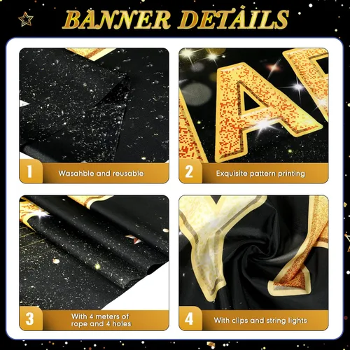 Vista 3 de Letrero grande de feliz año nuevo con luces LED para decoraciones de Navidad, cartel negro y dorado de 118 x 19.6 pulgadas con clips transparentes