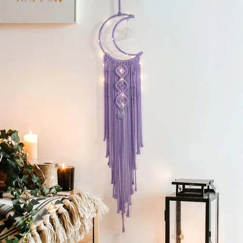 Vista 14 de Atrapasueños de luna de macramé para niña, atrapasueños de media luna azul estilo bohemio para dormitorio de adultos, adorno hecho a mano