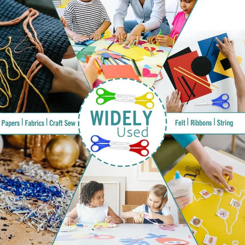 Vista 6 de Tijeras infantiles de 5 pulgadas, paquete de 4 tijeras escolares de seguridad para niños, acero inoxidable, colores surtidos, zurdos o diestros