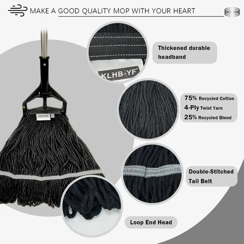 Vista 6 de KLHB‑YF - Trapeador comercial de algodón, diseño industrial resistente, mango de 59.8 in, 2 cabezales de repuesto, repuesto negro resistente a
