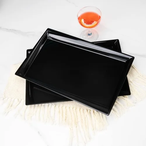 Vista 3 de Supernal Paquete de 12 bandejas de plástico negro para servir, bandejas de plástico de 15 x 10 pulgadas, bandeja de plástico de comida rápida