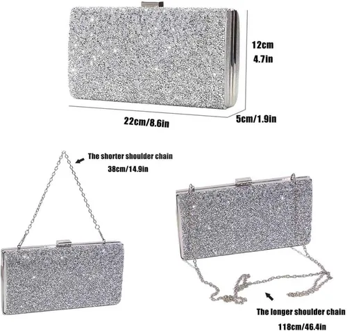 Vista 2 de ELABEST Bolso de mano de noche con purpurina de una cara con diamantes, bolso cruzado, bolso de fiesta de boda para mujer