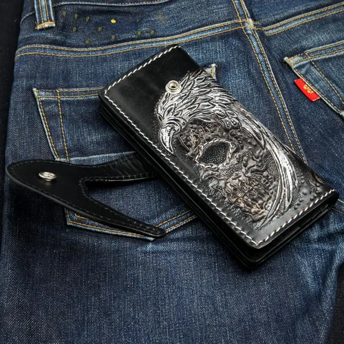 Vista 7 de Cartera de cuero real Harley Indian para hombre motorista para cadena