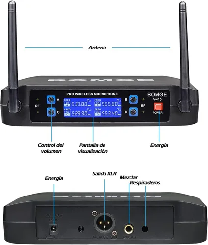 Vista 6 de BOMGE Sistema de micrófono inalámbrico, juego de micrófono inalámbrico Pro de 4 canales con cuatro micrófonos de mano, frecuencia fija, largo