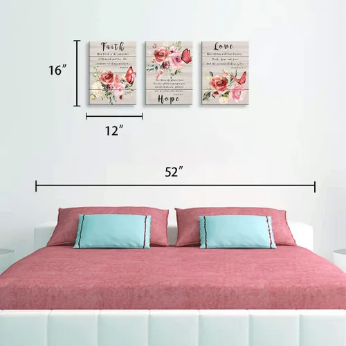 Vista 2 de Arte de pared para dormitorio, fotos de pared de mariposas, pinturas florales, citas de fe, esperanza, amor, arte de pared inspirador, acuarela, Rosa
