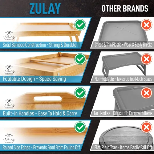Vista 7 de Zulay Bandeja plegable de bambú para desayuno, bandeja para cama y aperitivos con patas, escritorio para laptop