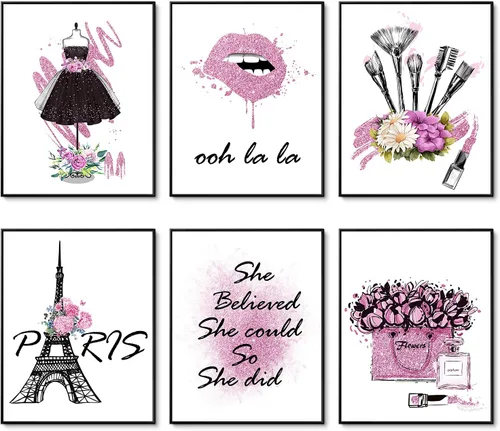 Vista 11 de HoozGee Juego de 6 pósteres enmarcados de maquillaje de moda, decoración de pared con marco de París, impresiones artísticas de pared
