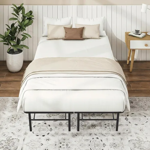 Vista 7 de Base de cama plegable de tamaño matrimonial, plataforma de metal con almacenamiento debajo de la cama de 14 pulgadas, resistente, sin ruido, fácil