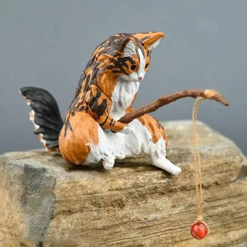 Vista 2 de Decoración de acuario de gato de pesca en miniatura, mini estatua de animales, decoración de animales de acuario, juego de figuras en miniatura