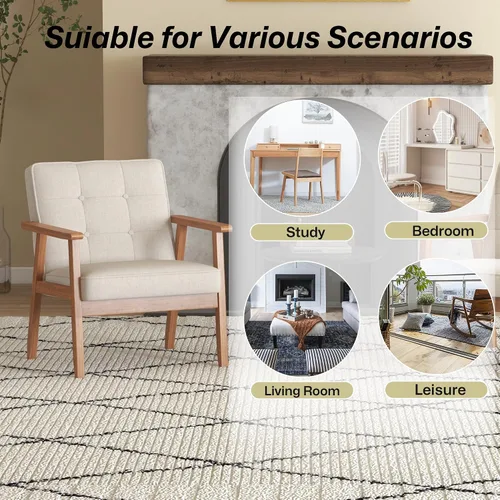 Vista 9 de Silla decorativa moderna con reposabrazos, silla de ocio tapizada de tela de lino con botón de respaldo y marco de madera para sala de estar, Beige