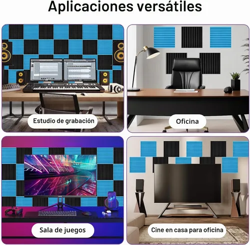 Vista 5 de Paquete de 52 paneles de espuma acústica de 1 x 12 x 12 pulgadas, paneles de pared de espuma acústica de absorción de sonido (negro/azul)