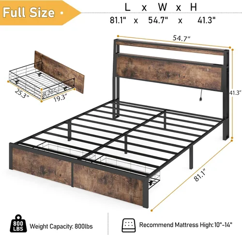 Vista 2 de SADENICEL Base de cama de tamaño matrimonial con almacenamiento, plataforma de cama de madera LED con cabecero, 2 cajones, estación de carga,