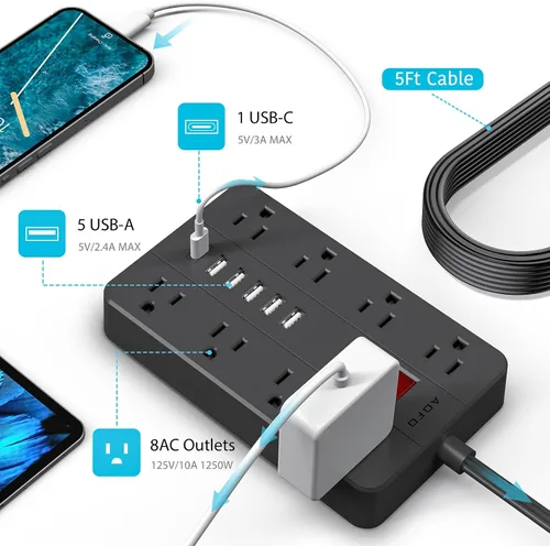 Vista 4 de Cable de extensión plano con protector de sobretensiones, tira de alimentación de enchufe plano, 8 tomas de corriente ampliamente espaciadas y 6