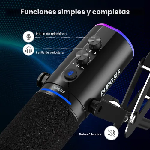 Vista 3 de PUPGSIS - Micrófono de podcast XLR/USB, micrófono para juegos con botón de silencio, efectos de reverberación, cancelación de ruido, soporte