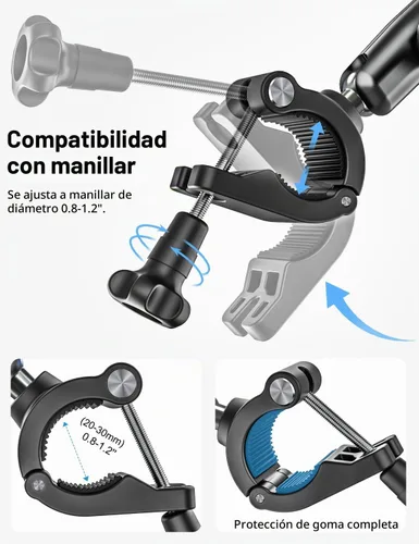 Vista 5 de Soporte para tableta de bicicleta, soporte para tableta de motocicleta con brazo de metal, abrazadera de bicicleta con ajuste de 360 grados