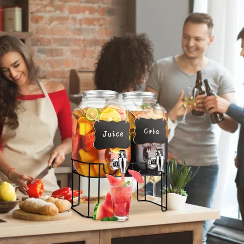 Vista 5 de Dispensadores de bebidas de vidrio de 1 galón para fiestas, dispensador de bebidas de limonada con soporte y grifo para barbacoa, picnic, fiesta