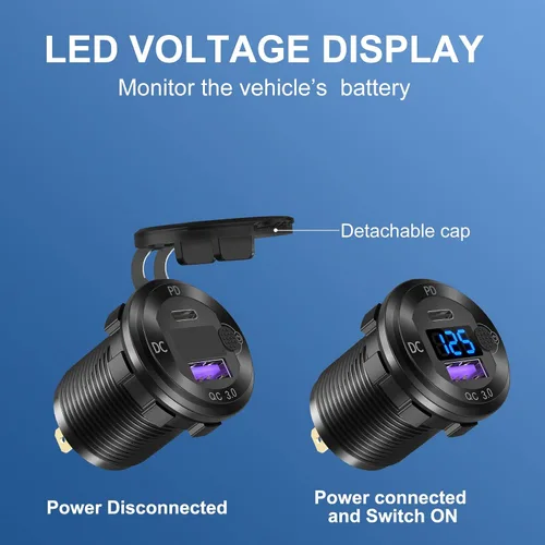 Vista 4 de Enchufe de cargador de automóvil de aluminio USB C de 12V, salida de 12 voltios, PD 20W y carga rápida 3.0 18W, puerto USB de automóvil impermeable