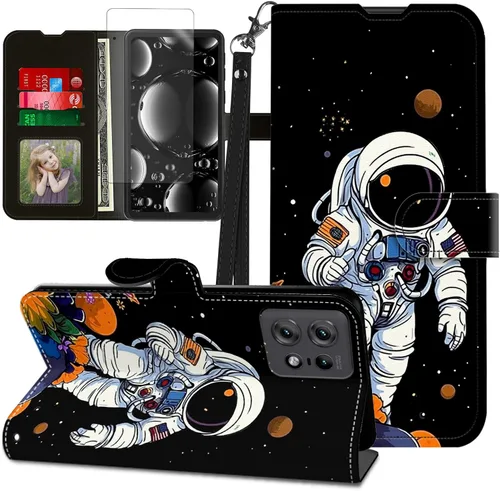Vista 418 de Funda para Motorola Edge 2022 con protector de pantalla, soporte y tarjetero y correa para la muñeca, funda magnética para Moto Edge 2022 5G UW Lobo