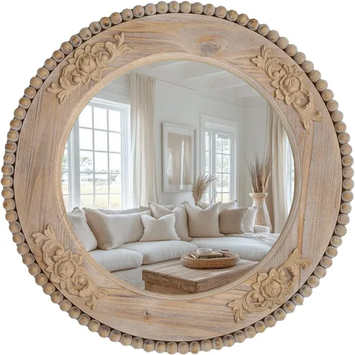 Vista 8 de Sawsile - Espejo redondo de madera, 45 cm, espejo circular rústico de granja con marco natural de madera con cuentas boho, espejo de pared