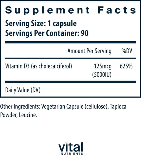 Vista 2 de Vital Nutrients Vitamina D3 5000 UI Suplemento de vitamina D para apoyar la absorción de calcio y la salud ósea Sin gluten, lácteos y soja