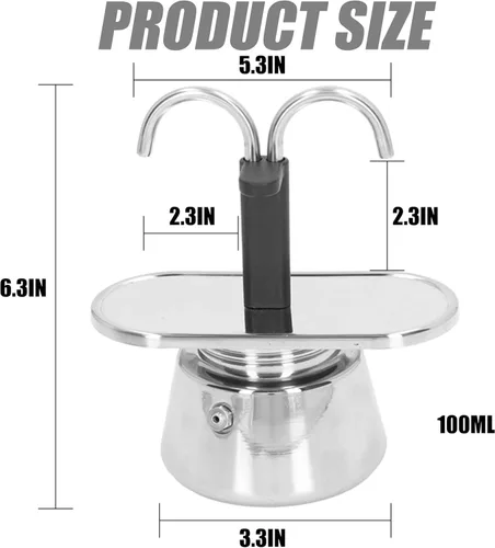 Vista 5 de Moka Pot, 2 tazas de 3.4 fl oz de capacidad, duradera y segura para alimentos, cafetera espresso con doble tubo y colador antideslizante grueso