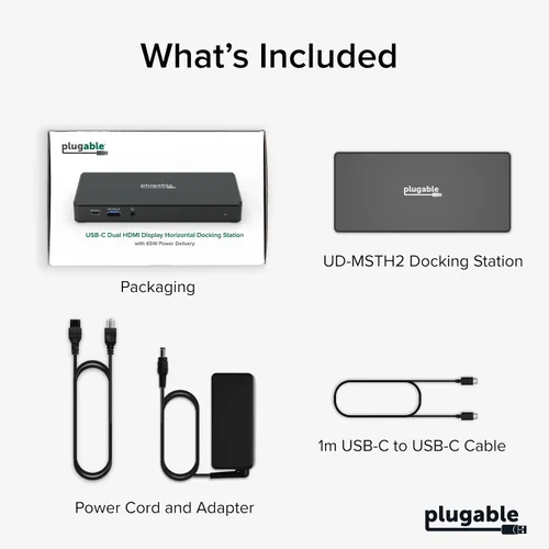 Vista 9 de Estación de acoplamiento USB-C Plugable Dual 4K 60Hz HDMI, carga de 65W, Gigabit Ethernet, 1x USB-C 5Gbps, 3X USB-A, Audio, Windows/ChromeOS