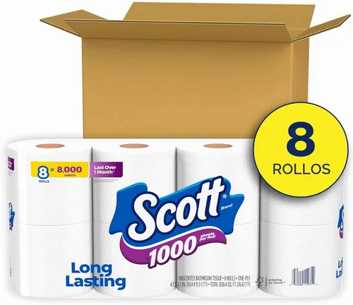 Vista 2 de Scott 1000 hojas por rollo, 8 rollos de papel higiénico, papel de baño