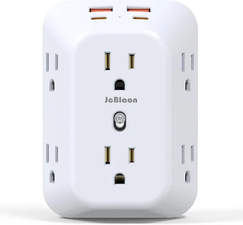 Vista 14 de JcBlaon Protector de sobretensiones extensor de salida, divisor de 6 salidas con 4 puertos USB (2 USB C), adaptador de pared de 4 lados 1050 J