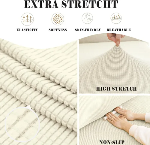 Vista 2 de Funda elástica suave para sofá de 3 cojines, protector de muebles, transpirable, lavable, tela jacquard, cuadros pequeños con parte inferior Beige
