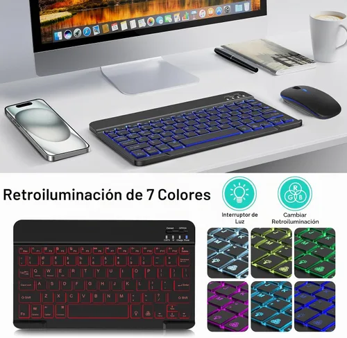 Vista 3 de Combo de teclado y mouse inalámbricos, teclado y mouse Bluetooth recargables con retroiluminación de 7 colores y receptor USB inalámbrico de 2.4