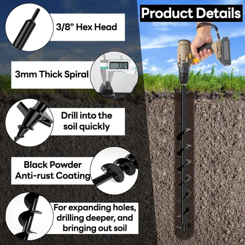 Vista 3 de Broca de Barrena Mejorada para Plantar, Barrena de Taladro de 3''x32'' para Cavar Hoyos, Cavadora de Hoyos para Postes de Servicio Pesado