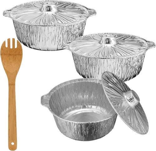 Vista 6 de Olla redonda de aluminio con tapa, perfecta para Acción de Gracias, campamento y hornear con tenedor de bambú gratis para una preparación fácil