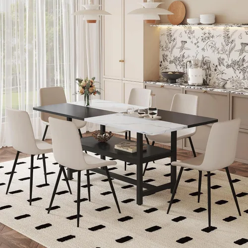 Vista 30 de Juego de mesa de comedor de 71 pulgadas para 6 personas con estante de almacenamiento, juego de mesa de comedor rectangular industrial moderna