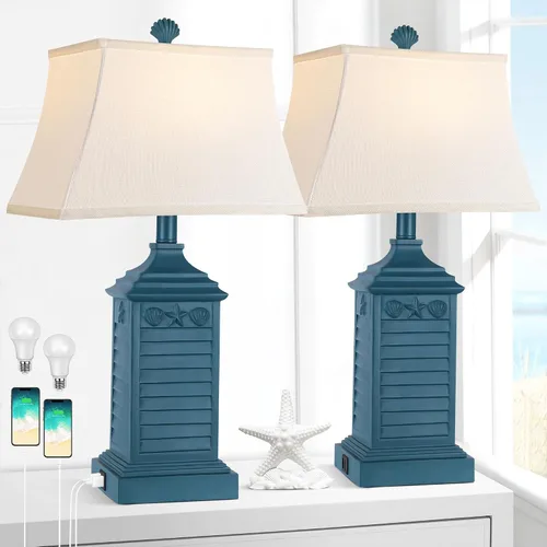 Vista 9 de Hamucd Juego de 2 lámparas de mesa para sala de estar, lámparas de mesita de noche blancas costeras para dormitorio con USB A+C modernas, salida