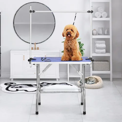 Vista 8 de Mesa de aseo profesional ajustable para mascotas, de 42 pulgadas, resistente, con brazo y bandeja de malla para perros y gatos, capacidad máxima