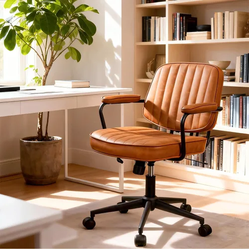 Vista 7 de Silla de oficina moderna de mediados de siglo, silla de escritorio ergonómica de piel sintética con ruedas y brazos, silla giratoria ajustable