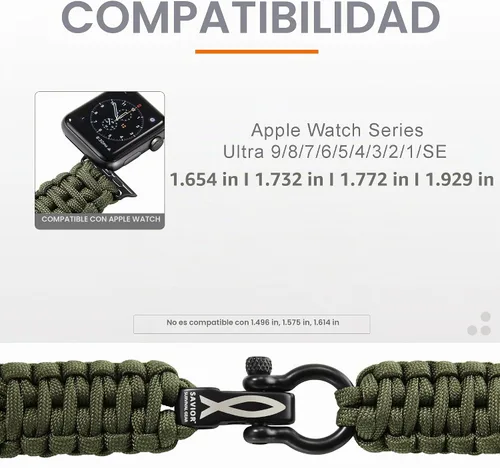 Vista 3 de Savior Survival Gear - Correa de repuesto para Apple Watch de 1.65”/42 mm, hecha de 550 cuerda de paracaídas con grillete ajustable de acero Negro