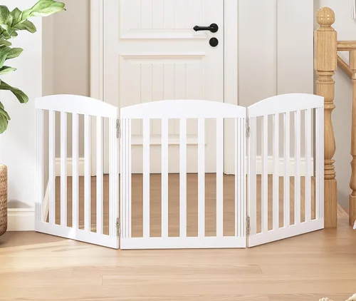 Vista 12 de SPIRICH Puerta plegable independiente de madera para perros de 96 pulgadas de ancho y 28 pulgadas de alto, puerta para mascotas, 4 paneles